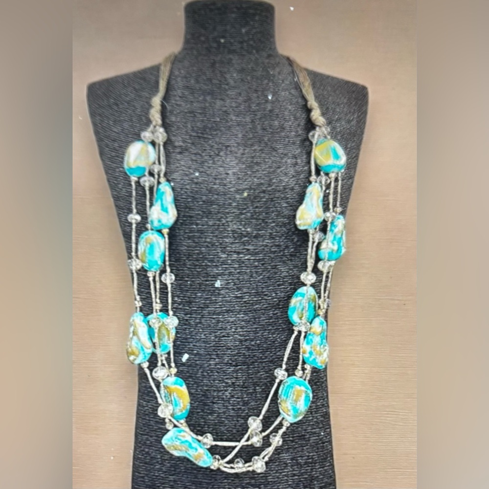 Long Chunky Turquoise Beaded Layered Necklace - Picture 4 of 6